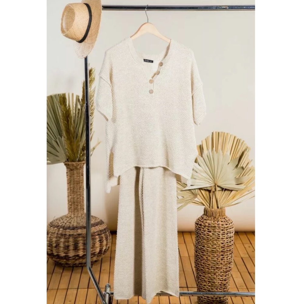 Oatmeal Relaxed Button Henley Knit Woven Top - Picture 3 of 3